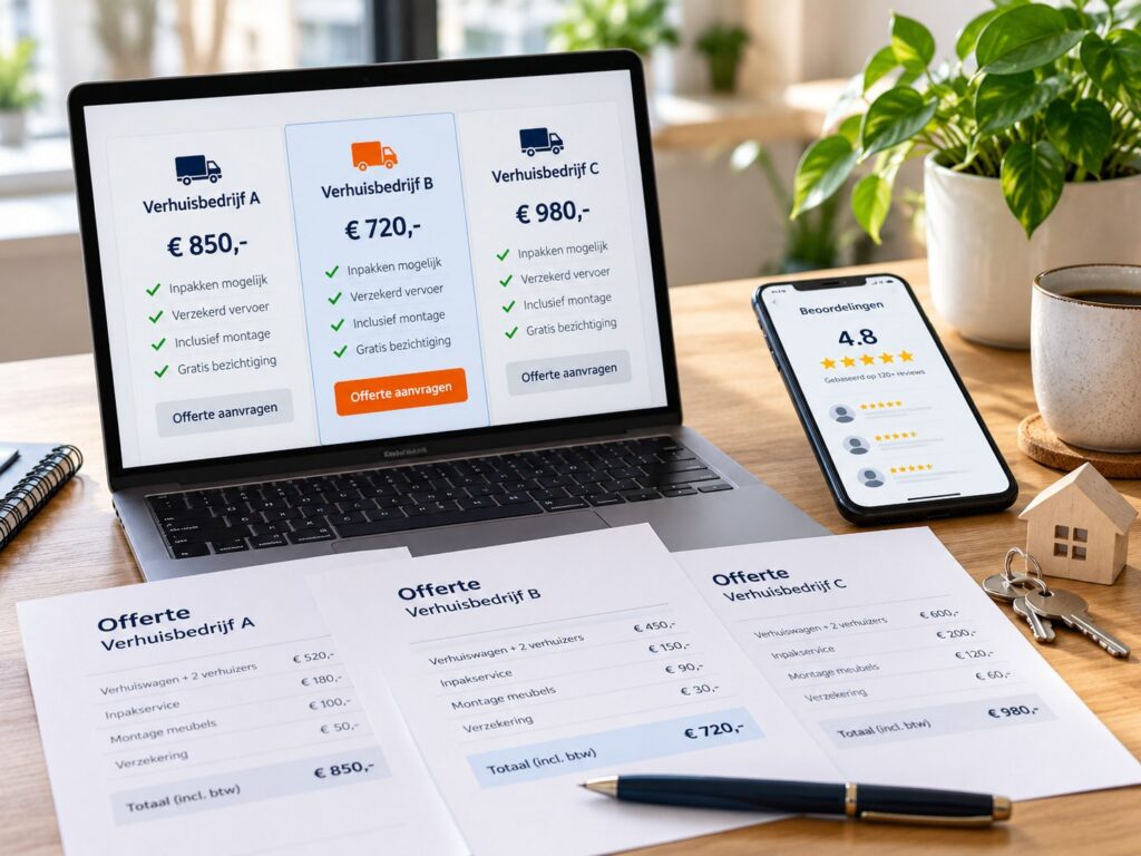 Vergelijking van verhuisoffertes op een laptop, met prijzen en beoordelingen op een smartphone