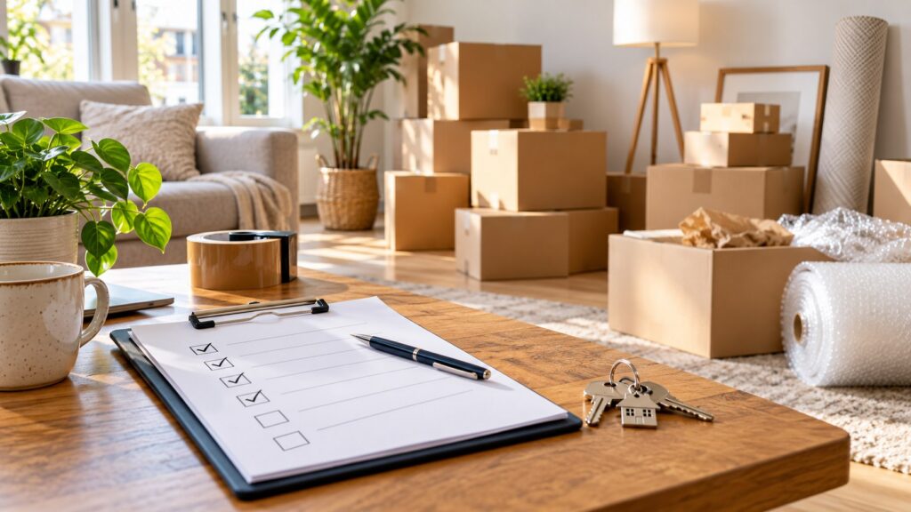 Verhuischecklist op een klembord met verhuisdozen in een lichte woonkamer