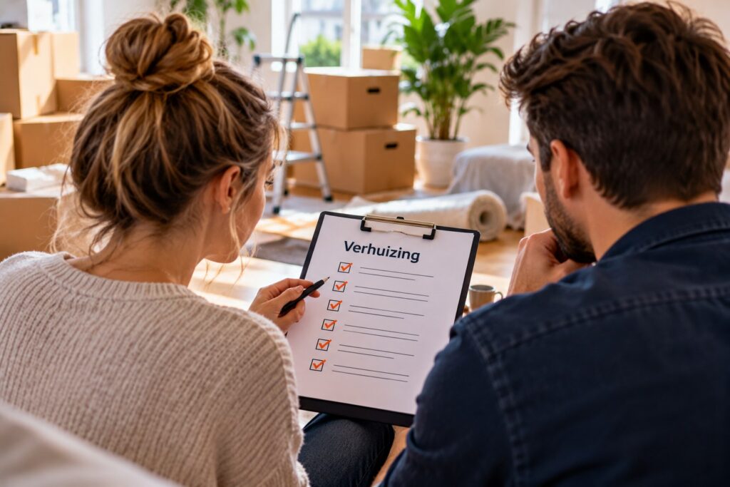 Echtpaar bespreekt een verhuischecklist tussen verhuisdozen in een lichte woonkamer